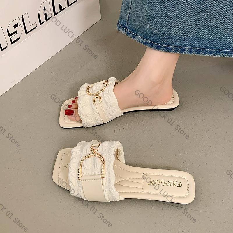 Fashion 2025 Women's Flat Sandals Summer 2025 Faionable Versatile Fairy T Sle Slip-On Anti-Slip Rubber Sole Comfortable Casual Wear
