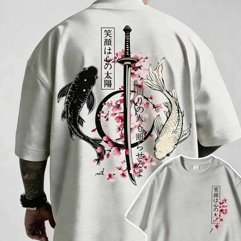 Unisex Cotton Short Sleeve Yin Yang Koi Graphic Print for Men Summer Japanese Style Harajuku Streetwear Fashion Tops Casual O-Neck Sho Unisex,gift,Top