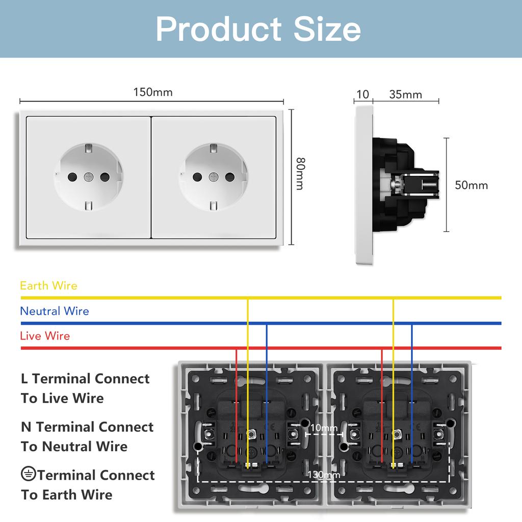 BSEED EU Large Button Wall Switches 1/2Gang 1Way Wall Power Sockets Dual USB Phone Charge Port 5V White Home E-Series
