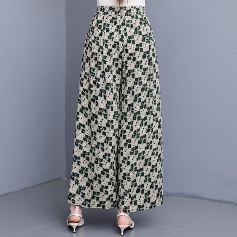 Women's Plus Size Cotton Silk Printed Wide Leg Pants, Elastic Waist Casual Summer Trousers (XL-5XL)
