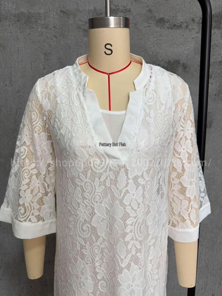 In Stock: New Casual Loose Lace V-Neck Dress Two-Piece Set