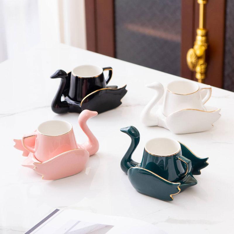 Swan Coffee Cup Saucer Set Gold Rim Small Cute White Black Green Pink Ceramic Cup Saucers Lovely Gifts Nordic Creative Drinkware