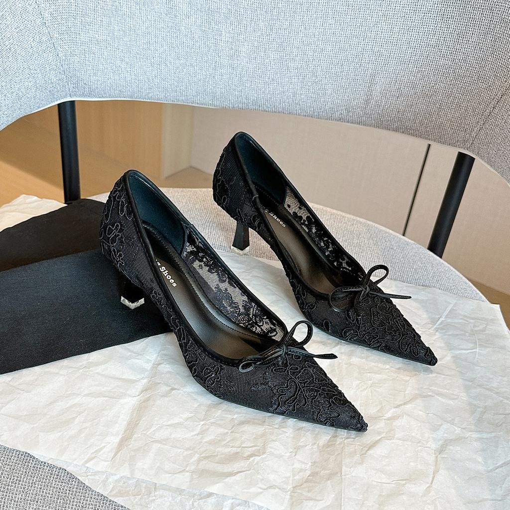 879-6 French temperament lace pointed high heels spring bow mesh stiletto banquet women's shoes bride shoes