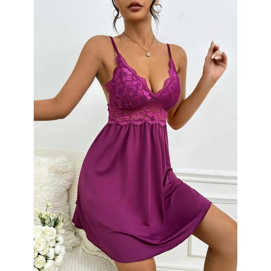 Ladies pajamas, lace stitching seductive deep V suspender nightgown sexy loungewear