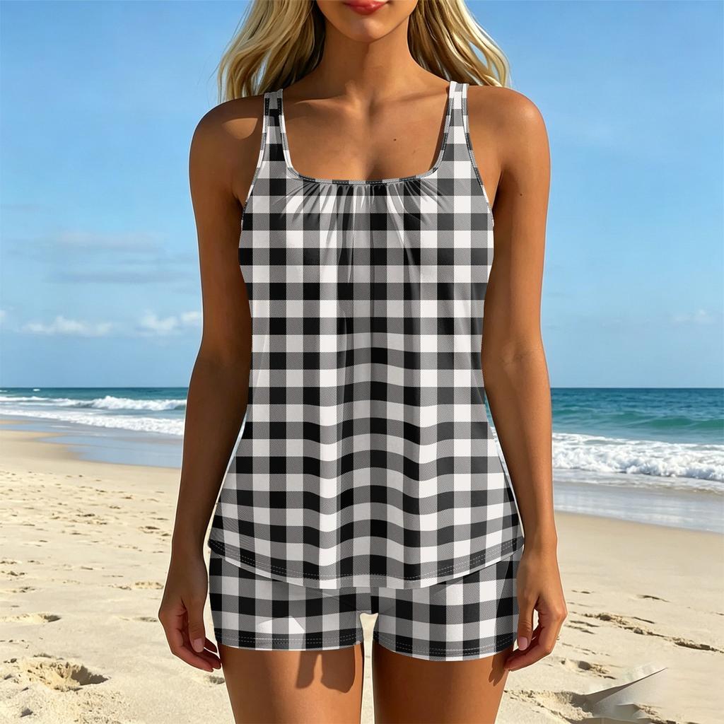 Women’s Striped Tankini Set with Square Neckline and Boyshorts Swimwear Two Piece Bathing Suit for Beach Pool