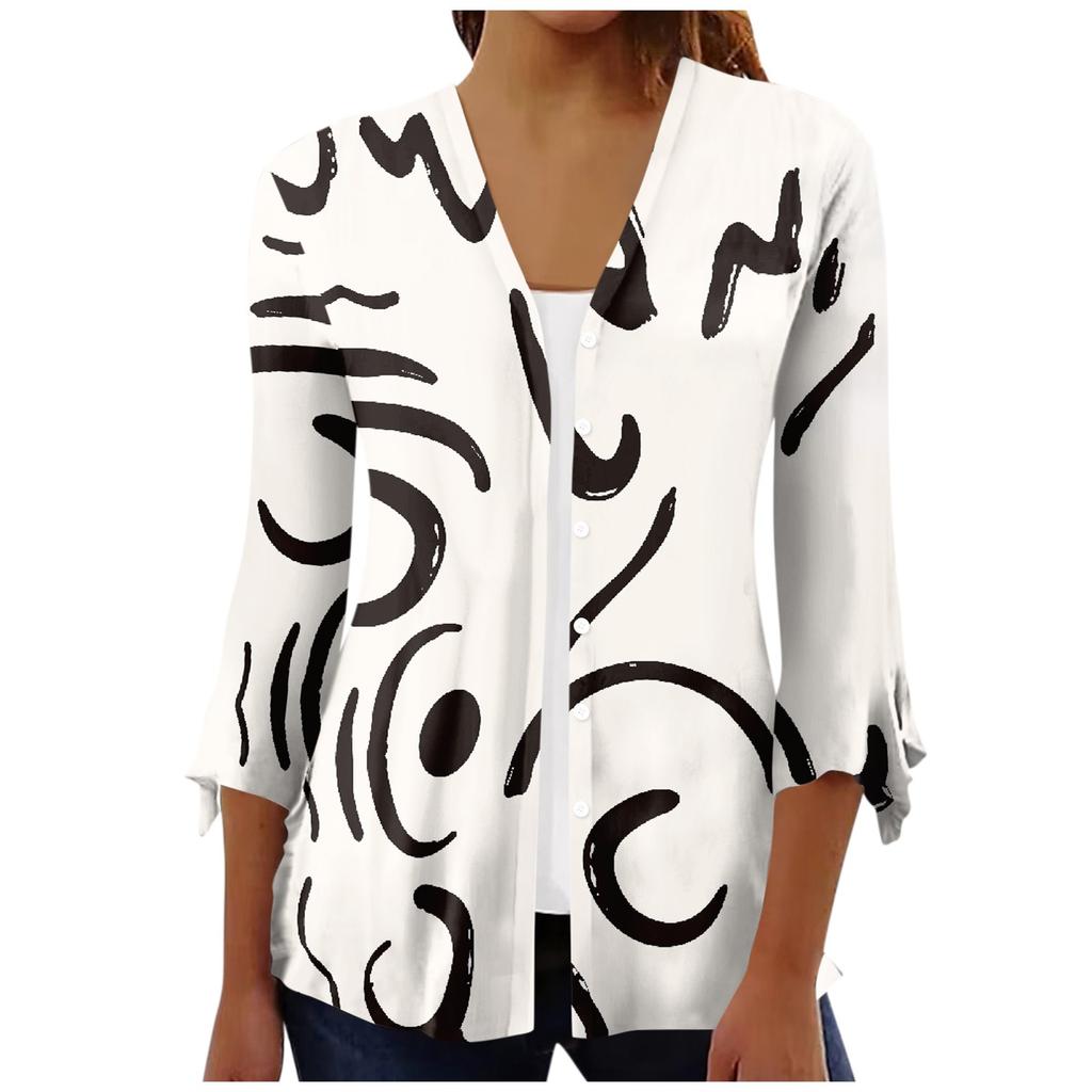 Women's Shirt Blouse Outerwear Print 3/4 Length Sleeve Casual Holiday Basic Button Tops