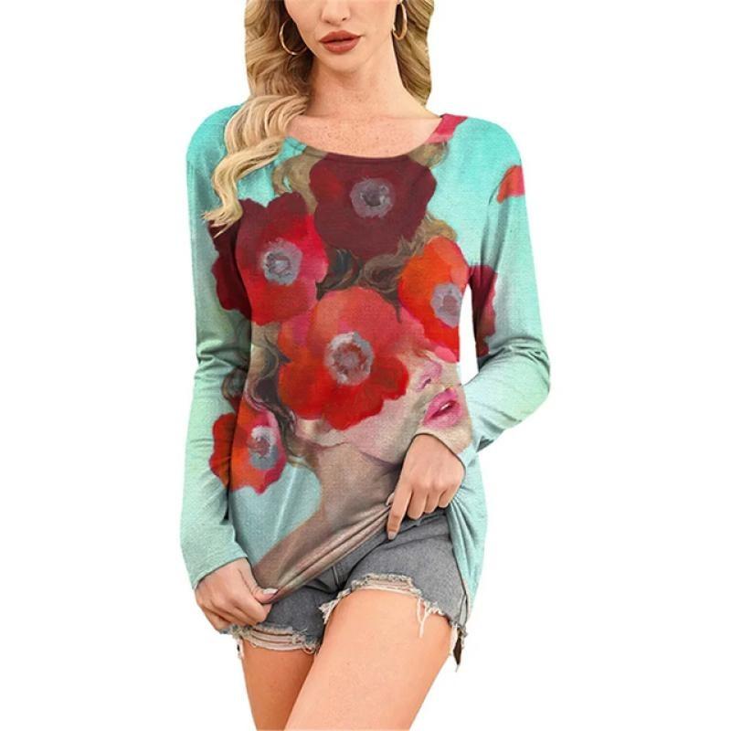 European and American Fashion Oil Painting Style Printed Casual Long Sleeved T-shirt O Neck Oversized Tees Tops Women's Clothing