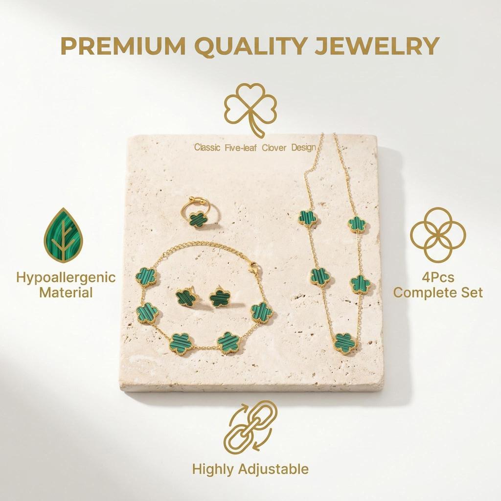 18K Gold Plated Stainless Steel 5 Leaf Clover Necklace Bracelet Earrings Ring 4pcs Jewelry Set for Women Lucky Gift