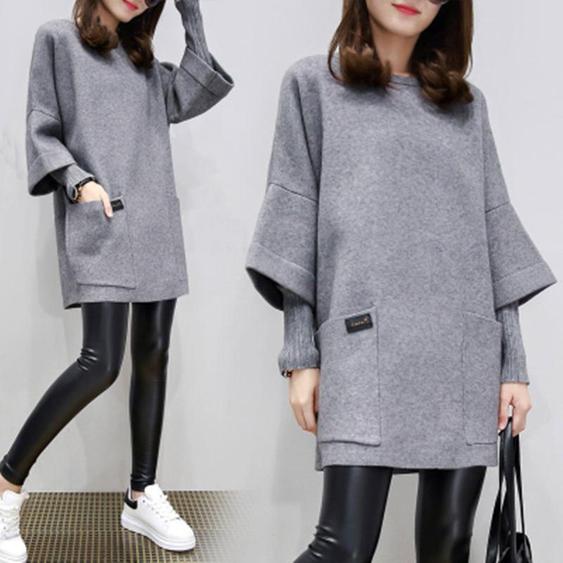 Women Plus Size Loose Pullover Sweatshirt Round Neck Patchwork Long Sleeve Pockets Mid-Length Solid Color Autumn Casual Top