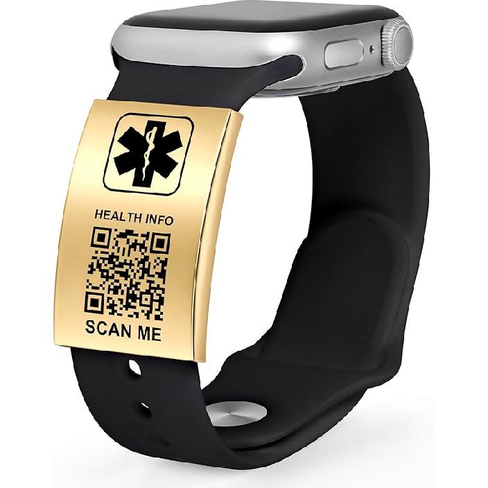 Медицинский идентификационный жетон для ремешка часов с выгравированным QR-кодом, Пластина безопасности для часов, Идентификационный жетон для спортсменов и бегунов для спортивных умных часов - Больше места, Индивидуальная, Экстренная Stainless Steel-gold