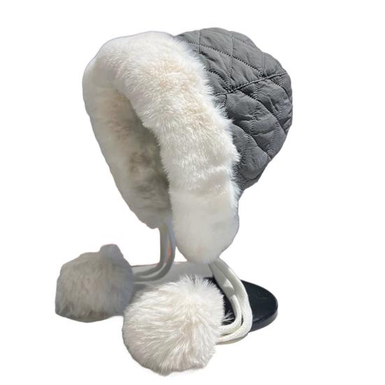 Women Quilted Hat Winter Padded Warm Hat with Cute Pom Pom Ear Protection Fuzzy Hat with Drawstring for Autumn Winter Street Daily Wear