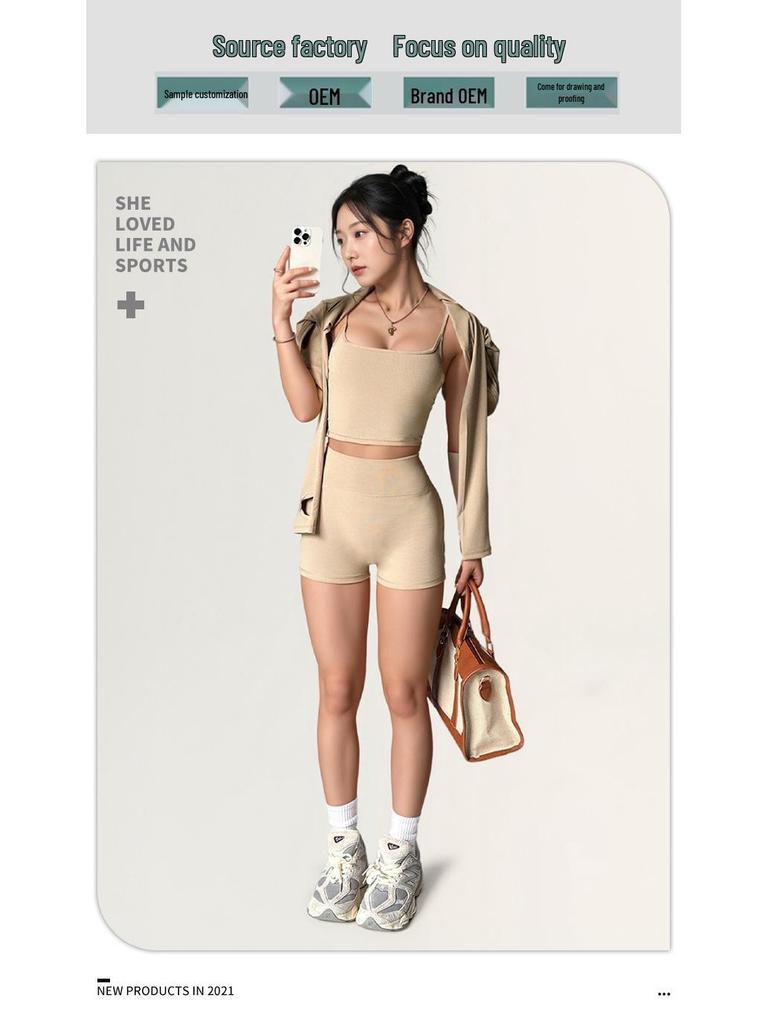 Solid Color Yoga Set: Three-Piece Outfit with Underwear, Pants, and Waist Cincher for Slimming and Body Shaping Fitness.