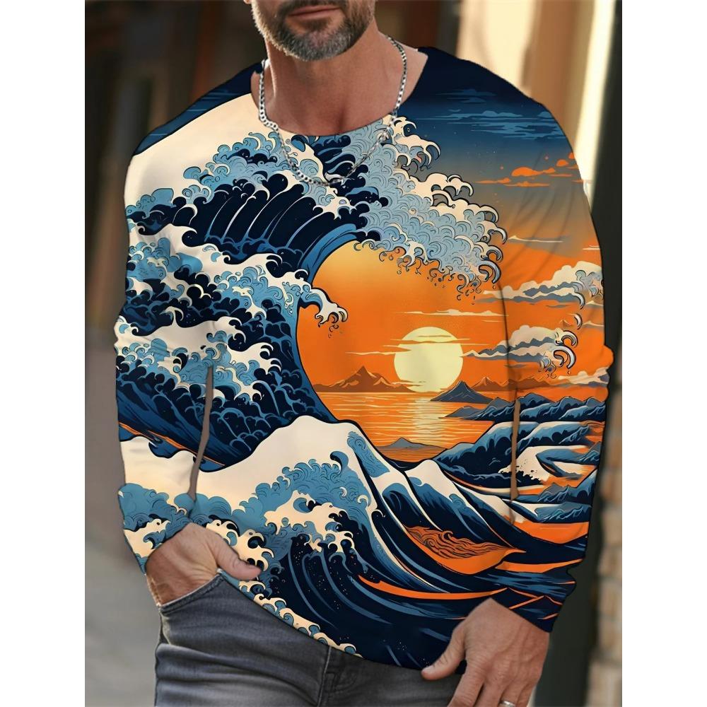 Spring and Autumn Round Neck 3D Ukiyoe  Printed Top Fashionable Casual Long Sleeved Men's T-shirts