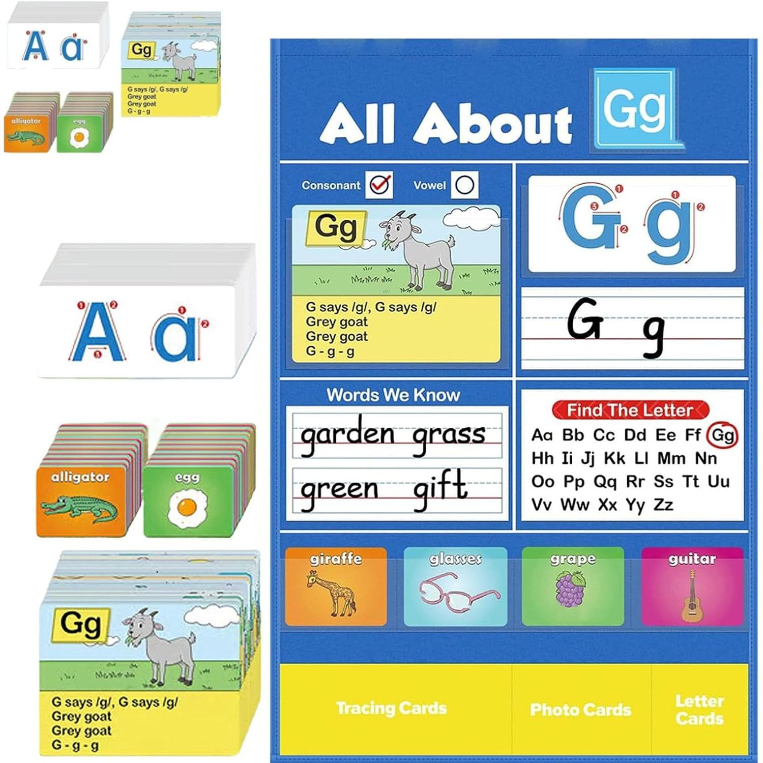 Alphabet Learning Pocket Chart, Classroom Wall Chart 11.42x8.66 Inches, All About Letters Pocket Charts, Hanging Early Educational Letters Pockets