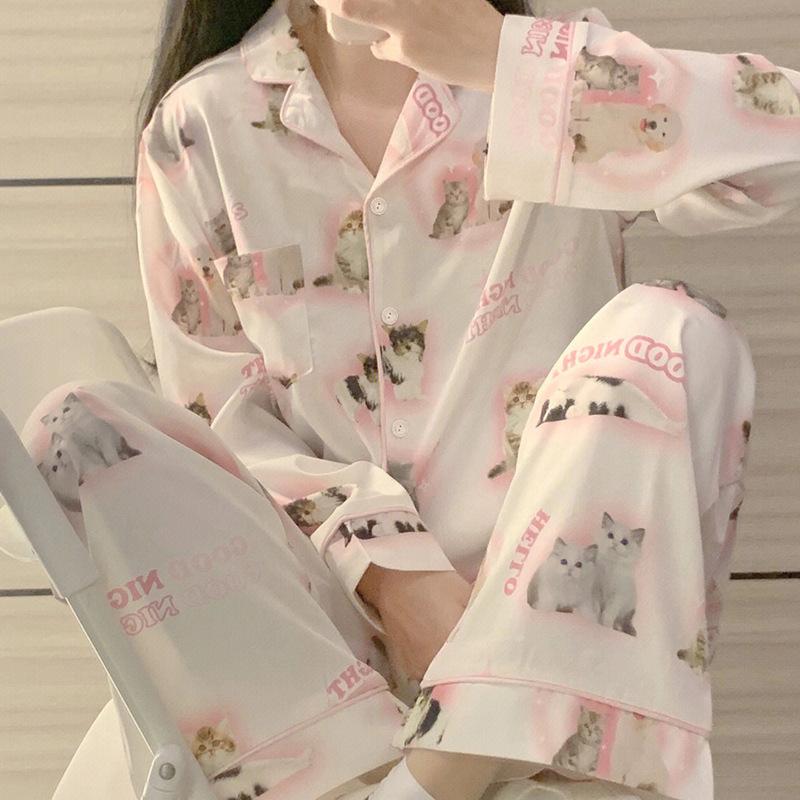 Summer High-End Green Fashion Lapel Pajamas Women'S Long-Sleeved Trousers Plant Flower Loungewear Set