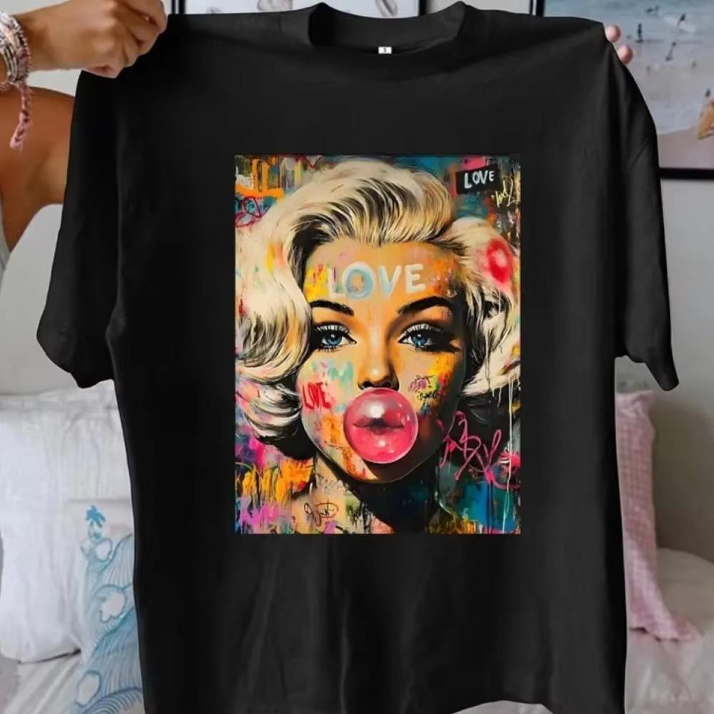 Colorful Graffiti Bubble Gum Lady Print Black Tshirt Pop Art Portrait Graphic Loose Oversized Short Sleeve Y2k Tees