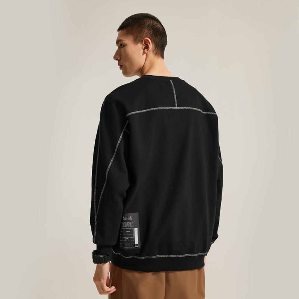 Li Ning x YNG DNA Wade Collection, Crew Neck Letter Print Embroidery Fleece Lined Thermal Loose Fit Pullover Sweatshirt AWDUH29-1