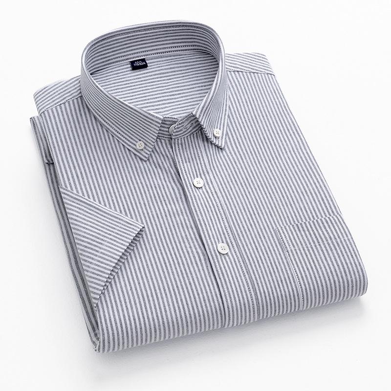 Men's Summer Striped Short-Sleeve Cotton Shirt with Turn-Down Collar