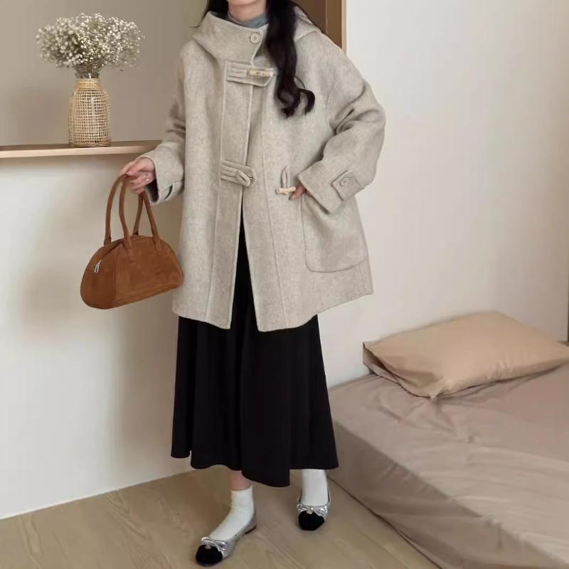 Women's Autumn and Winter New Short Hooded Loose Double-Sided Wool Coat