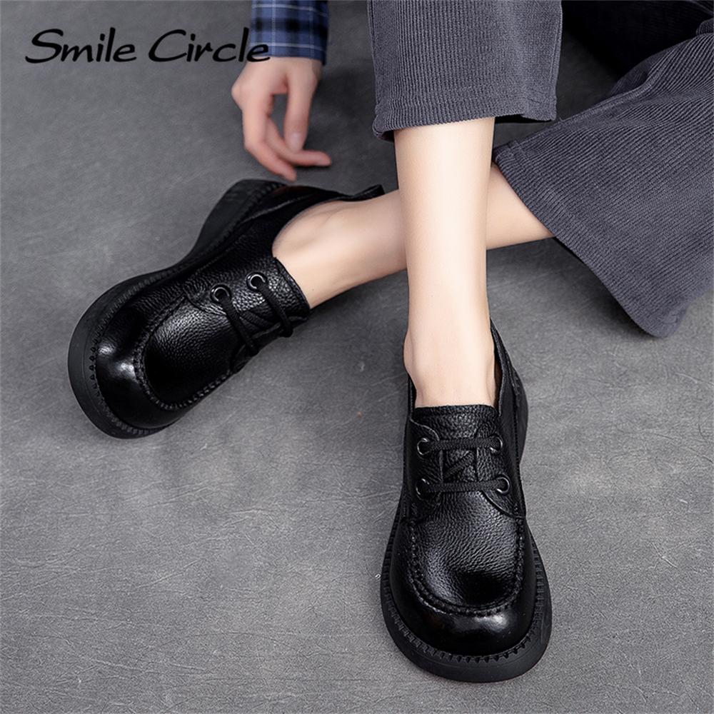 Damen-Schuhe aus Naturleder, klobige, flache Schuhe, zum Schnüren, modische Freizeitschuhe, niedrige Oberseite, runder Kopf, Damen-Arbeitsschuhe