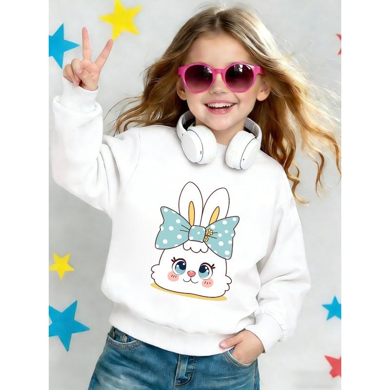 Kids Crewneck Sweatshirt, Cartoon Bunny With Bow Graphic Print 110