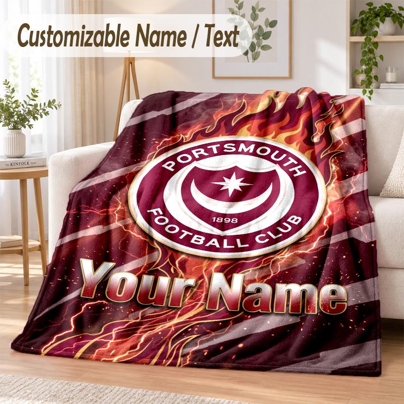 Custom Text Flannel Blanket Portsmouth FC Print Warm Cozy Blanket Home Sofa Bedding