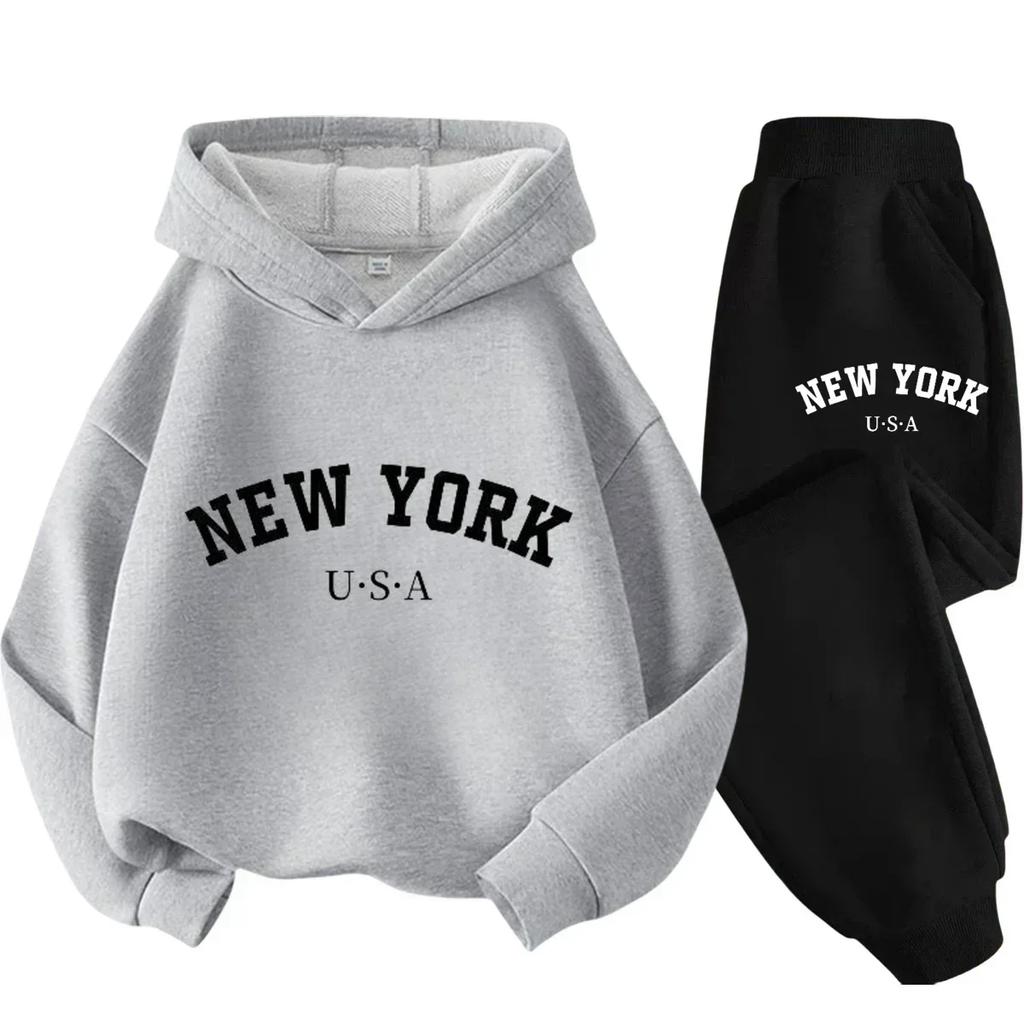 New York American Letter Print Children Hooded Sweatshirt Pants Two-piece Set Boy Girl Autumn Winter Daily Loose Warm