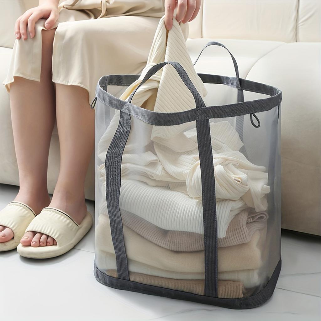 Large Foldable Mesh Laundry Basket Pocket Dirty Clothes Hamper with Handles for Bathroom Bedroom Collapsible Washing Storage Bag