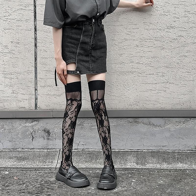 Sexy Thigh High Stocking for Women Rear Vertical Line Female Black Lace Stockings Transparent Long Stockings Fishnet Stockings