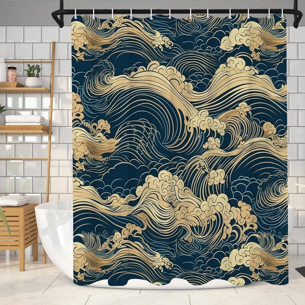 Japanese Wave Shower Curtain Oriental Vintage Wave Monochrome Kanagawa Inspired Antique Art Theme Bathroom Decor Set Machine
