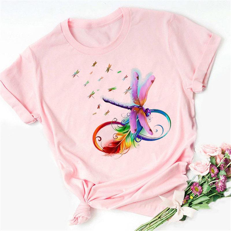 New Love Heart Dragonfly Print Women T-Shirt Fashion Casual Short Sleeves Ladies O-Collar T Shirts Streetwear Graphic Print Tops