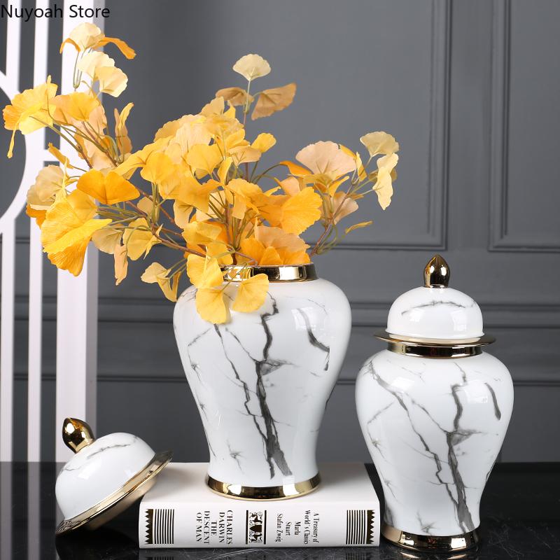 Chinese Style Light Luxury Imitation Marble Ceramic Storage Jar Vase Decoration Living Room Desktop Decoration Home Decoration
