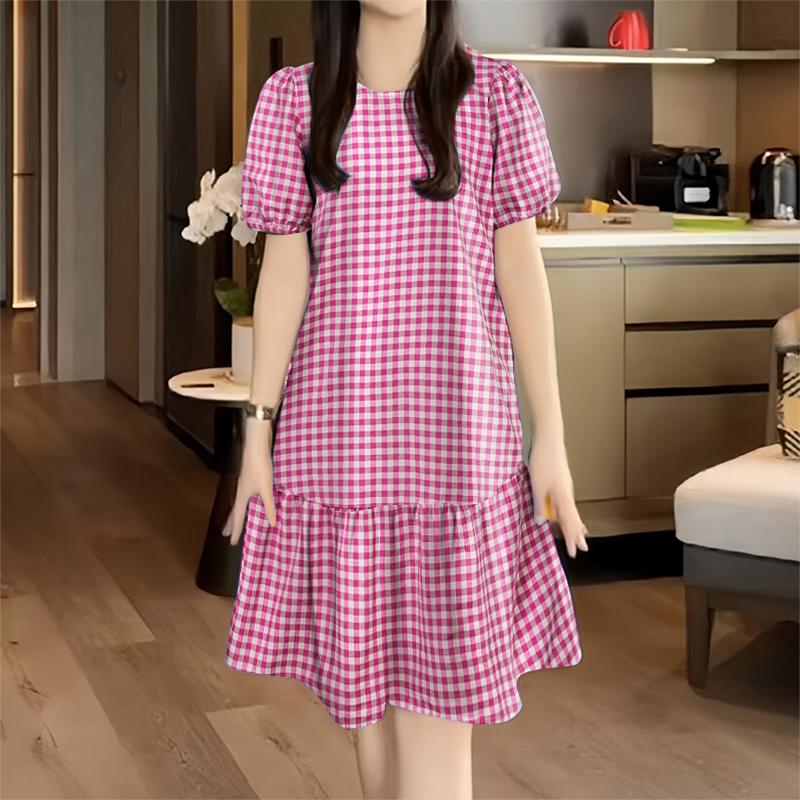 ZANZEA Women Casual Round Neck Short Sleeve Grid Print Dress