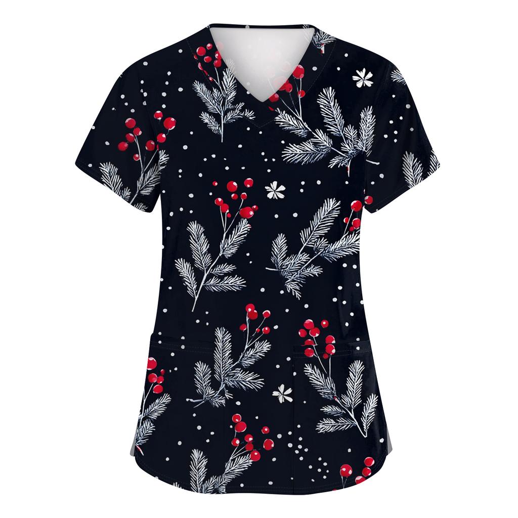 Damska Moda Krótki Rękaw Świąteczny Nadruk Dekolt V Kieszeń Odzież Robocza Top