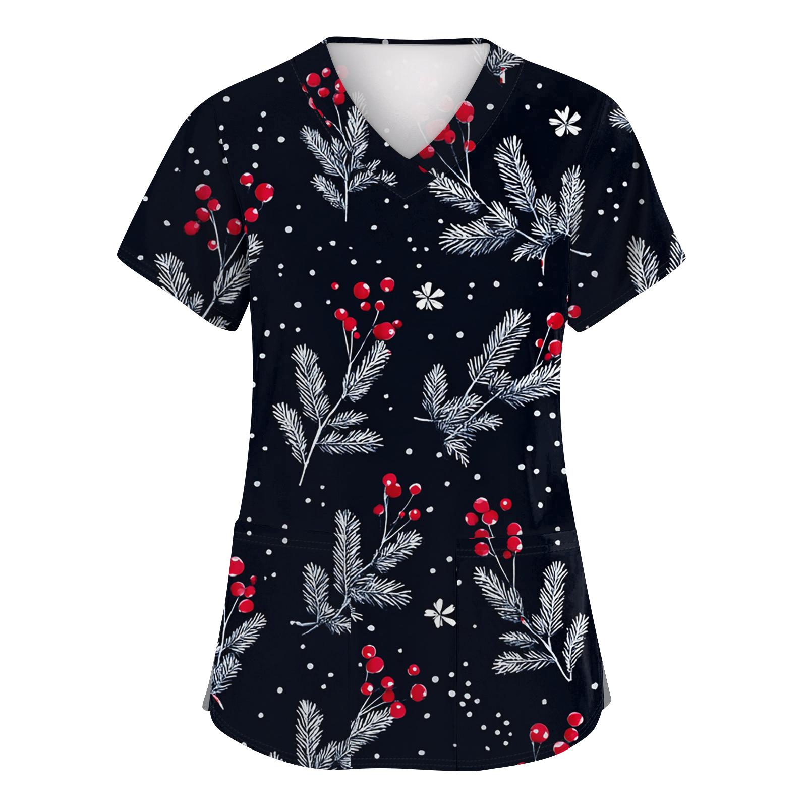 

Женские модные топы с коротким рукавом, рождественским принтом, V-образным вырезом, карманом, рабочая одежда L