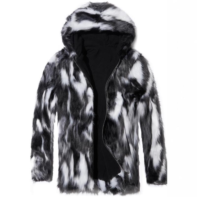 Men Winter Faux Fur Coat Hooded Zip Up Tie Dye Fluffy Jacket Warm S