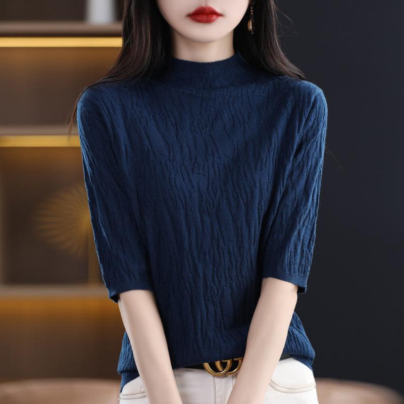 DAFIFY Women's Fashion Casual Summer Spring Solid Color Print Short Sleeve Half Turtleneck Blouses & Shirts