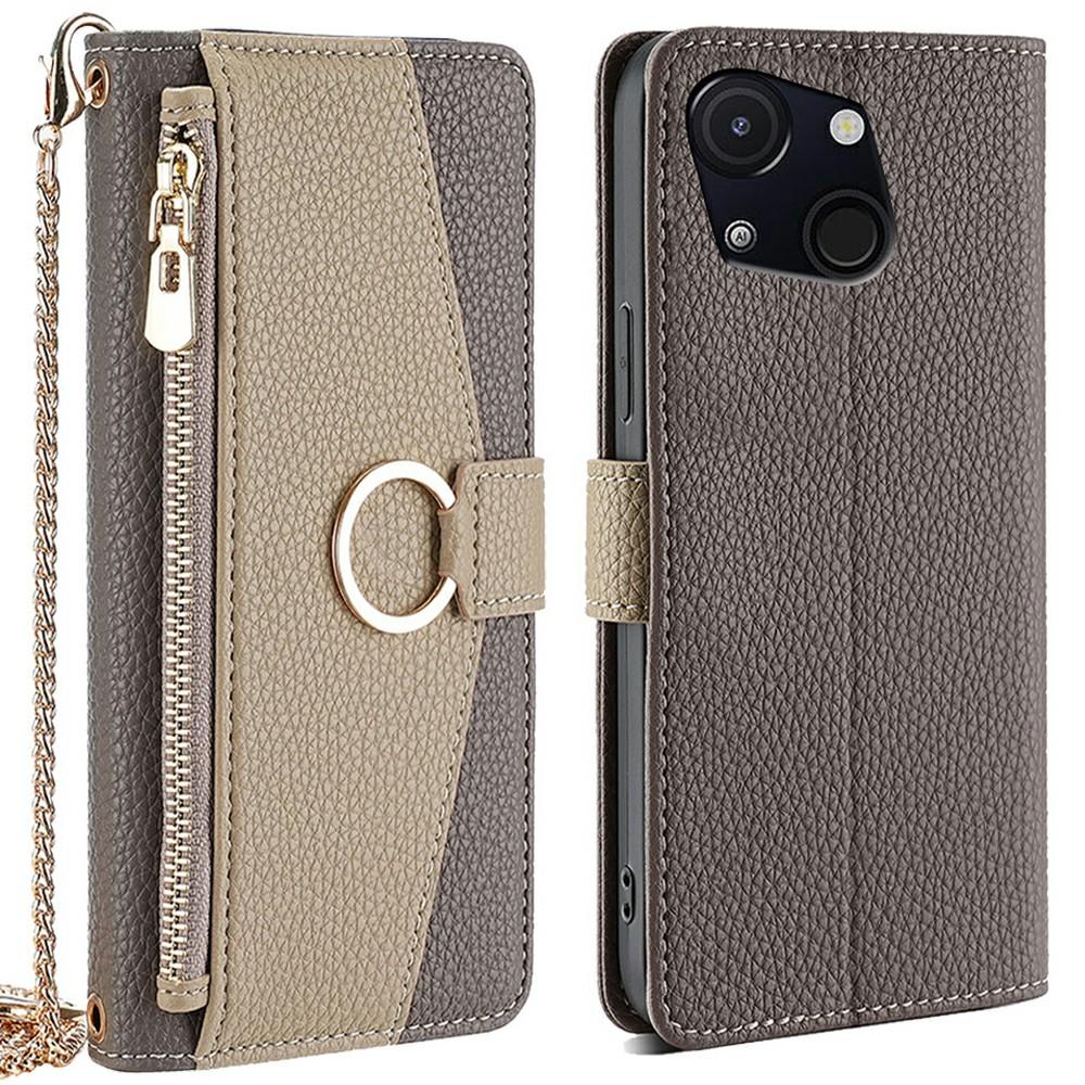 

For itel A50C Case Mirror Wallet Leather Phone Cover with Chain Shoulder Strap Grey