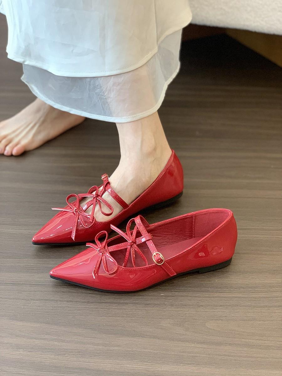 

Туфли-лодочки с плоской подошвой, маленьким красным бантом и острым носком, фея-фея с юбкой, туфли Мэри Джейн 40 красный