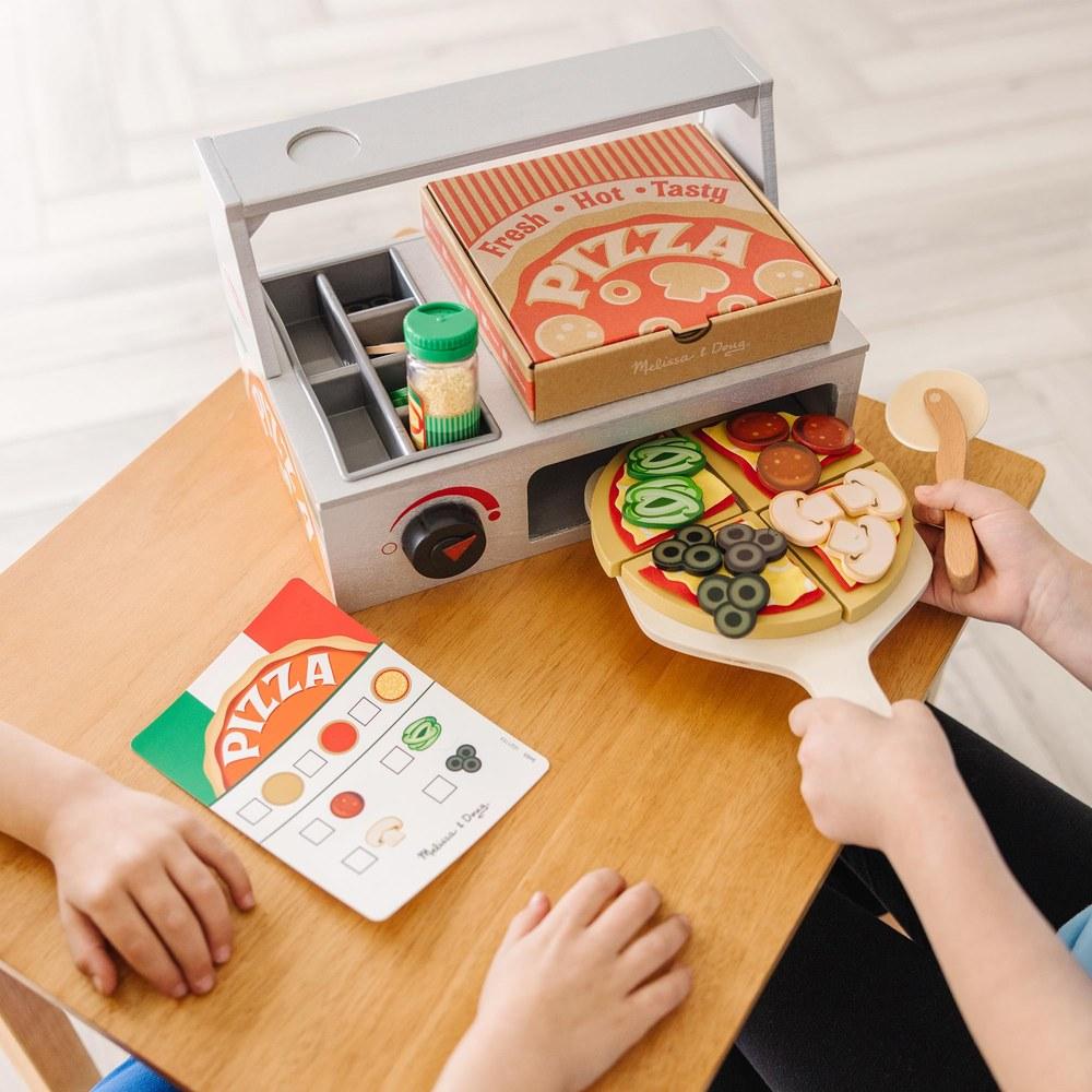 Melissa & Doug Wooden Play Kitchen Set with Pizza Counter Pizza Oven and Food Toys 9465