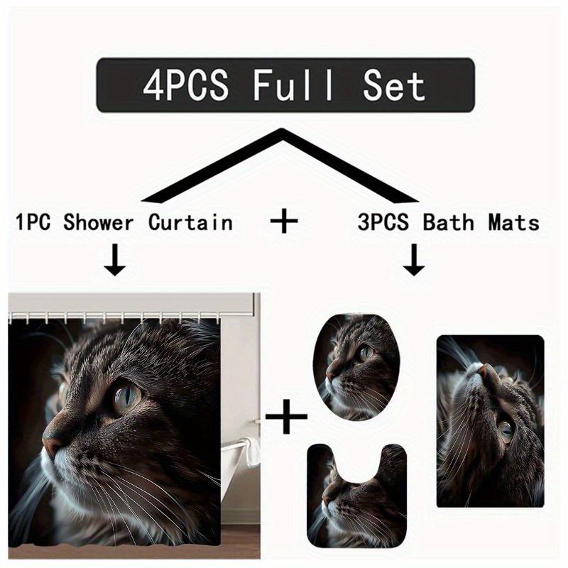 1/4pcs Cute Black Cat Waterproof Shower Curtain Set Decorative Bathroom Set Non-Slip Carpet Toilet Cover Bath Mat And 12 Hooks