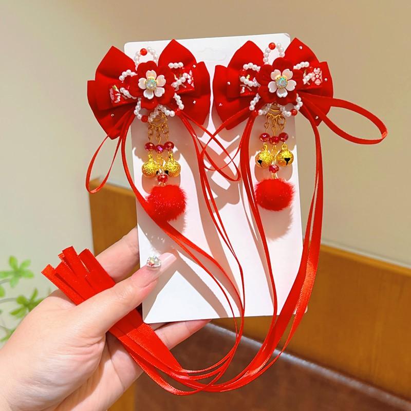 Hanfu Kopfschmuck Kinder Neujahr Haarnadel Niedlich Süß Chinesischer Stil Rote Haarspangen Quaste Antiker Stil Haarspange