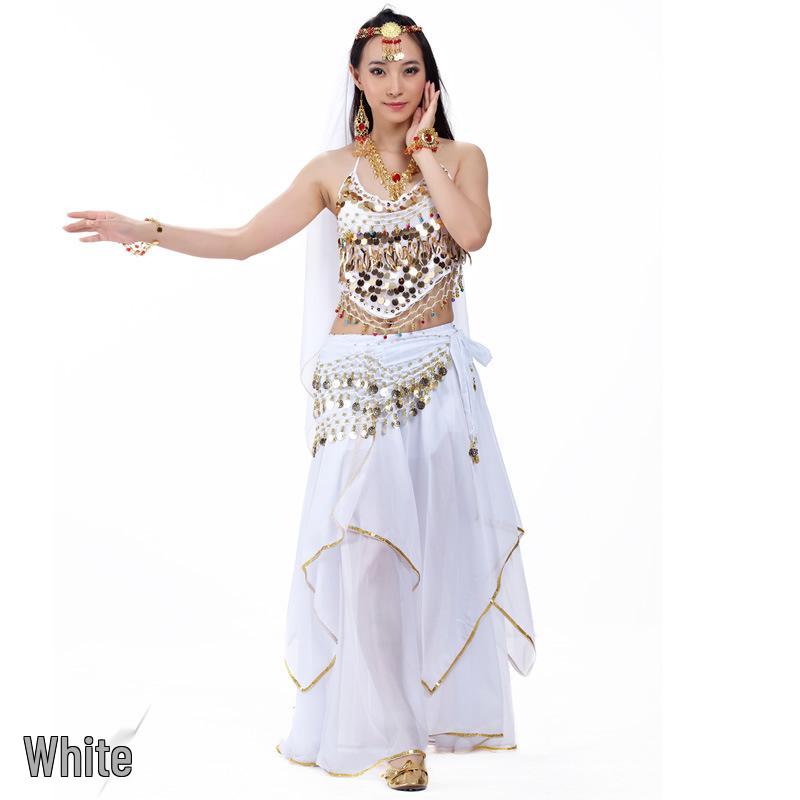 

Комплект из 5 предметов для танца живота: Топ «Маленький перец», Юбка с пайетками, Вуаль, Идеально для индийских танцевальных выступлений 2-piece Set белый