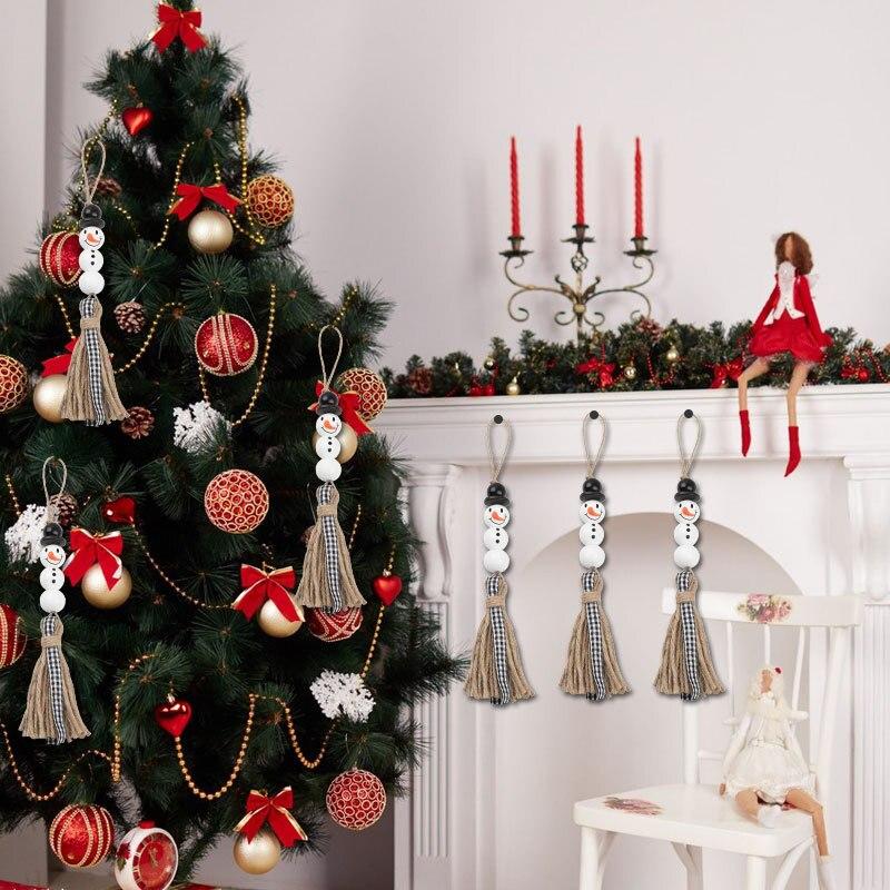 50pcs/100pcs Christmas Snowman Wooden Beads With Jute Twine Unfinished Winter White Round For DIY Crafting Making Holiday Party