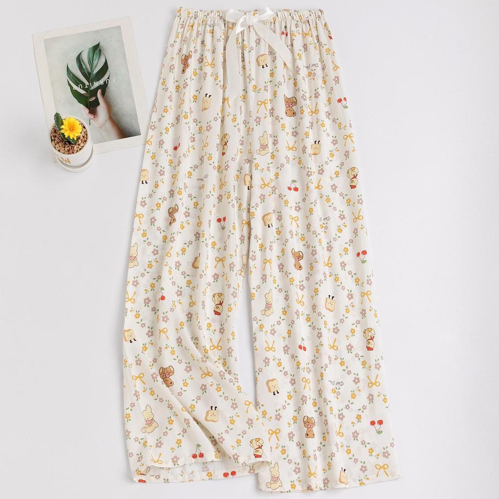 Women's Floral Cotton Silk Pajama Pants, Mosquito Repellent, Outdoor & Home Wear, Plus Size, Lightweight Summer Style.