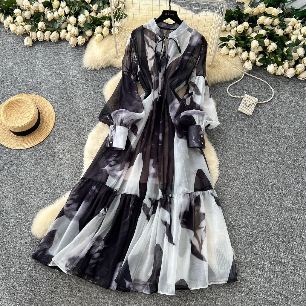 Sexy Long Sleeve Mesh Sweet Print Dress Chic Vintage Evening Party Club  Women Chic Summer Beach Long Dresses