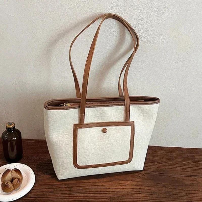 Simple solid PU shoulder bags with zipper large capacity high quality grace commute casual tote