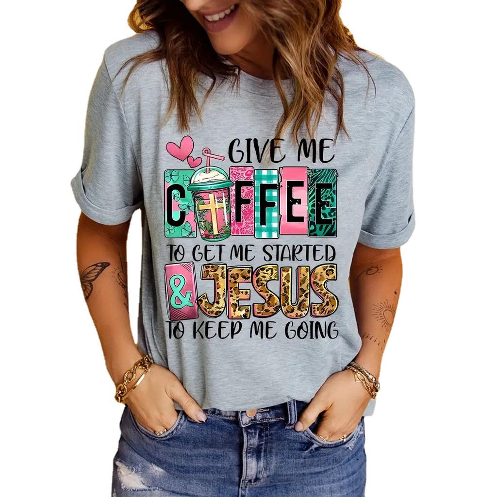 ZIMOXUAN Coffee & Jesus Letter Print T-Shirt, Short Sleeve Crew Neck Casual Top For Spring & Summer, Women's Clothing