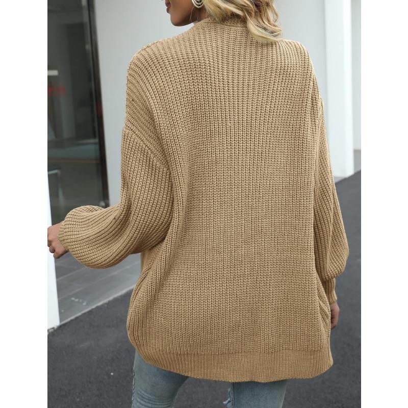 Womens Loose Long Lantern Sleeve Thick Solid Knit Cardigan Sweater Coat With Pockets