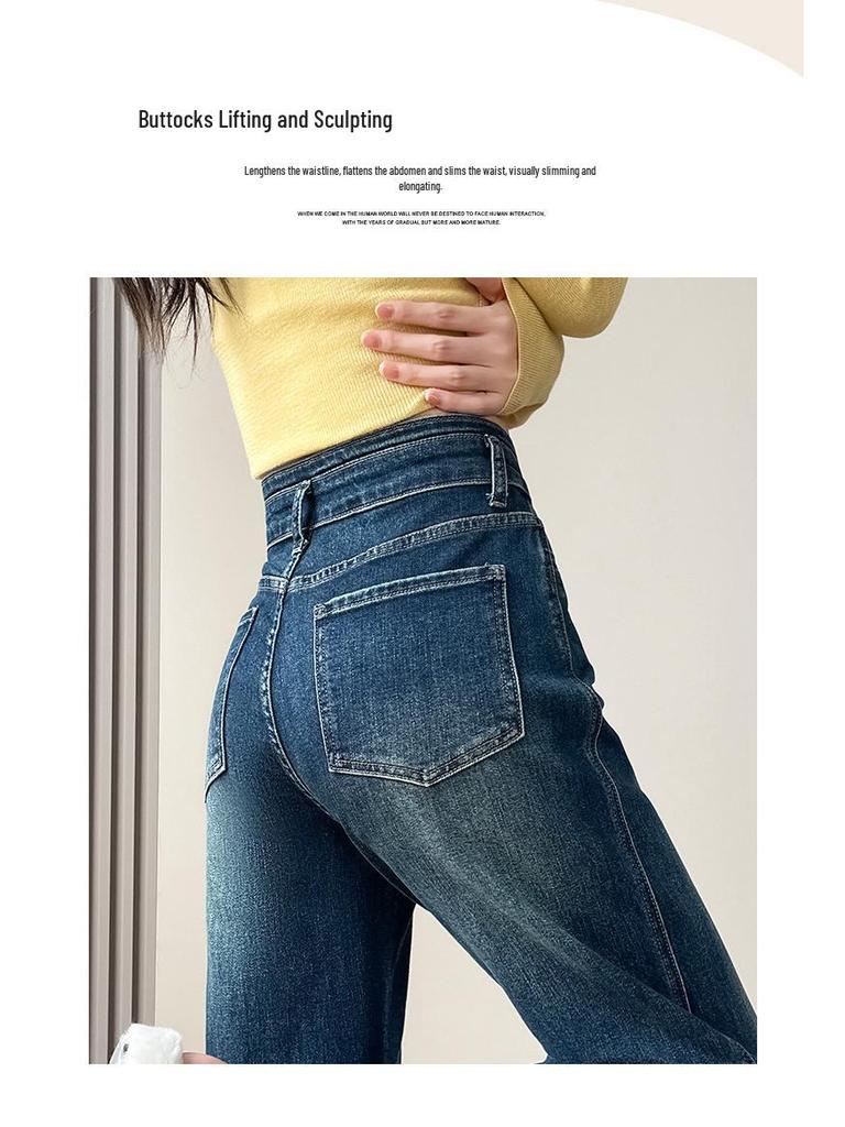 Korean Retro High-Waist Slimming Elastic Jeans for Women - Cropped, Loose, Petite Straight Leg 